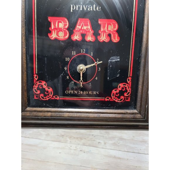 Vintage Private Bar Open 24 Hours Foil Back Wood Framed Sign No Name Clock 16" - Picture 7 of 10